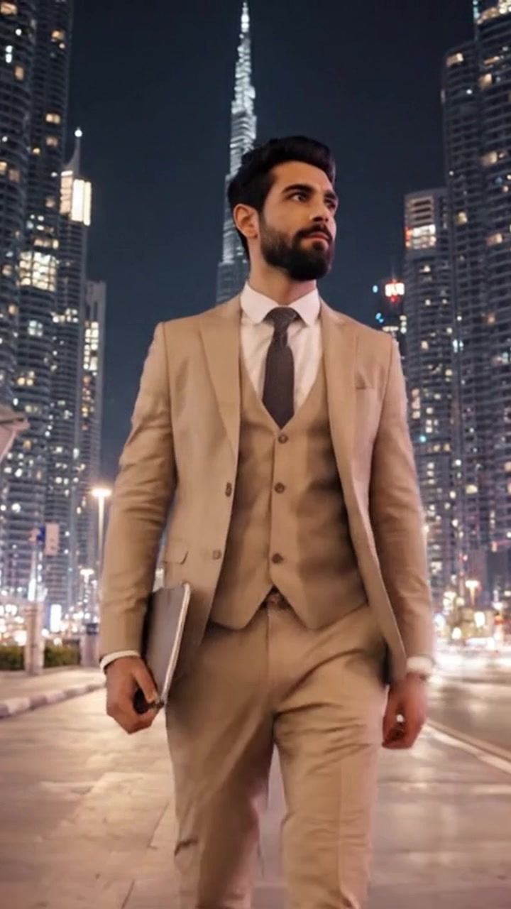 Uomo elegantemente vestito che cammina attraverso un vivace paesaggio urbano di notte, con grattacieli ed edifici imponenti illuminati contro un cielo stellato.