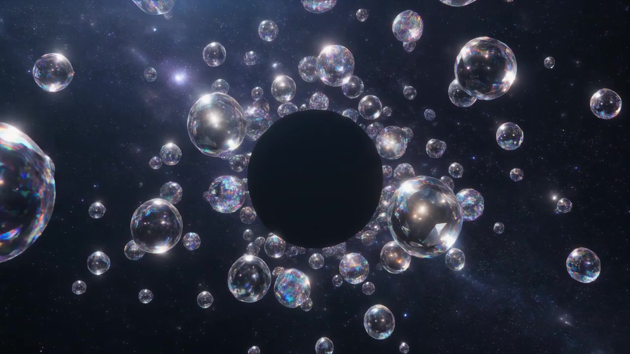 Animação Abstrata de Bolhas Iridescentes Flutuando ao Redor de um Vazio Escuro