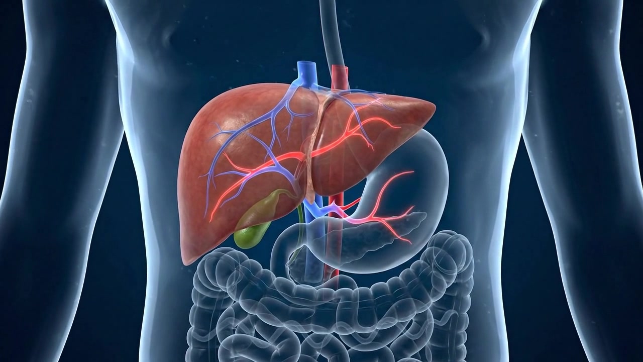 Healthcare visualization of human liver featuring liver highlighted inside a transparent torso with clear anatomical structure