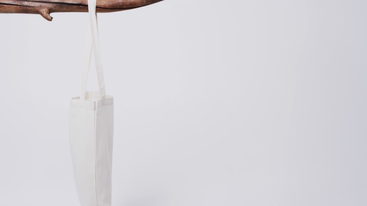 видео белого холстового мешка, висящего на ветке с копировальным пространством на белом фоне