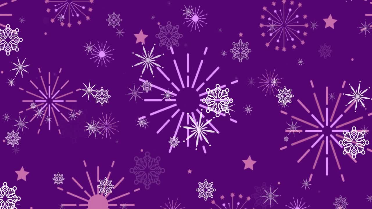 анимация рождественских снежинок и розовых новогодних фейерверков на темно-фиолетовом фоне