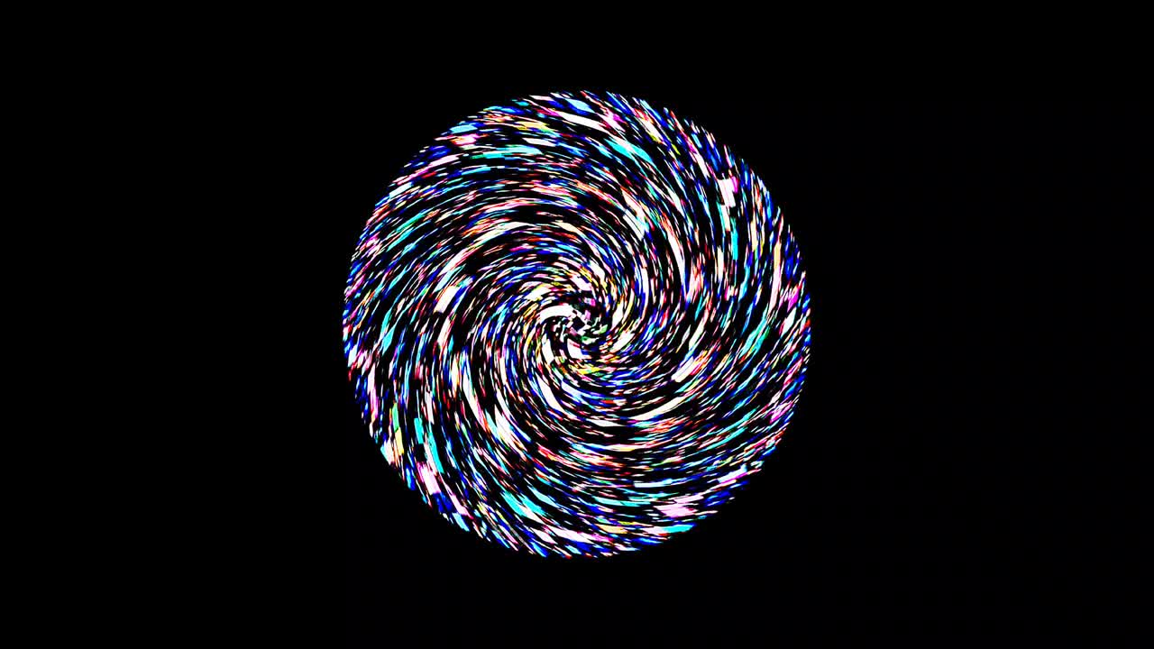 forma redonda animada de luces intermitentes multicolores, sobre un fondo negro