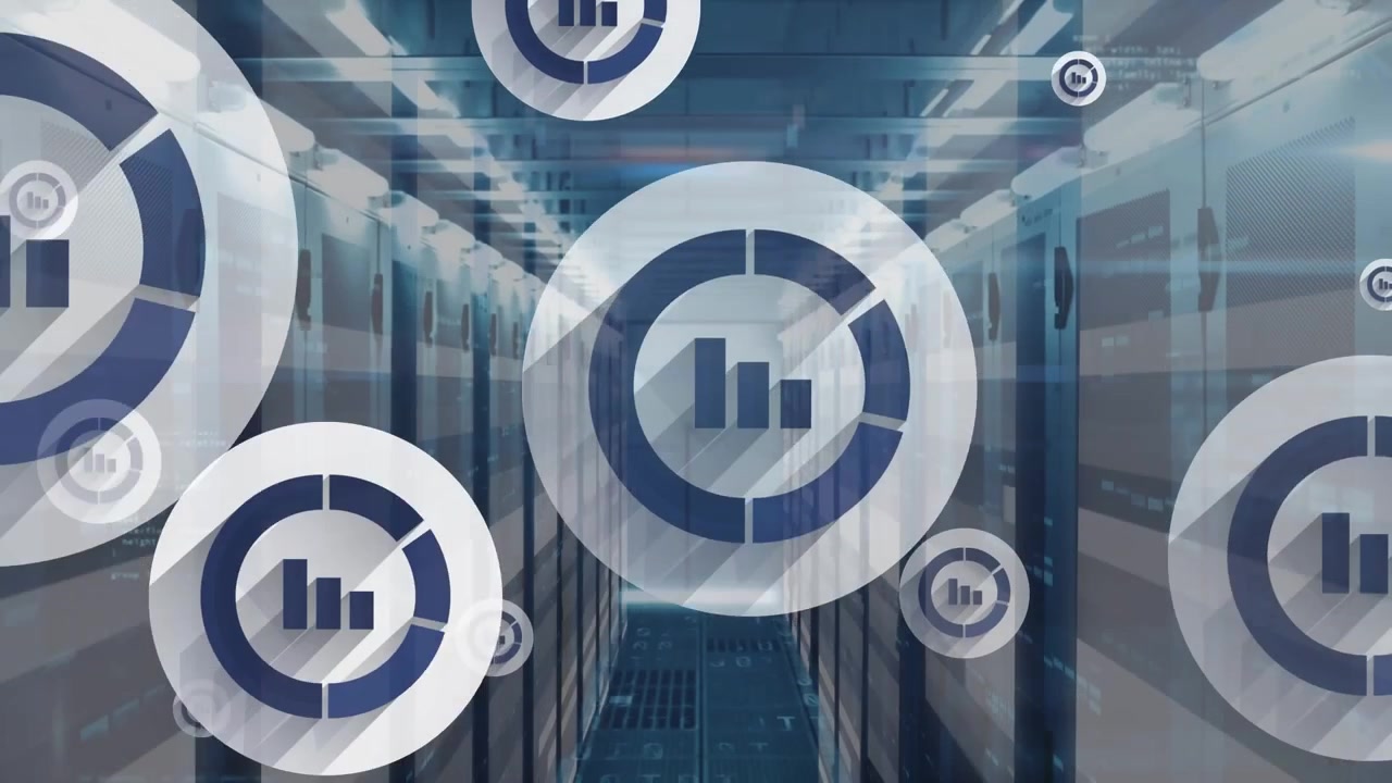 Animation of multiple graph icons and light trails against computer server room