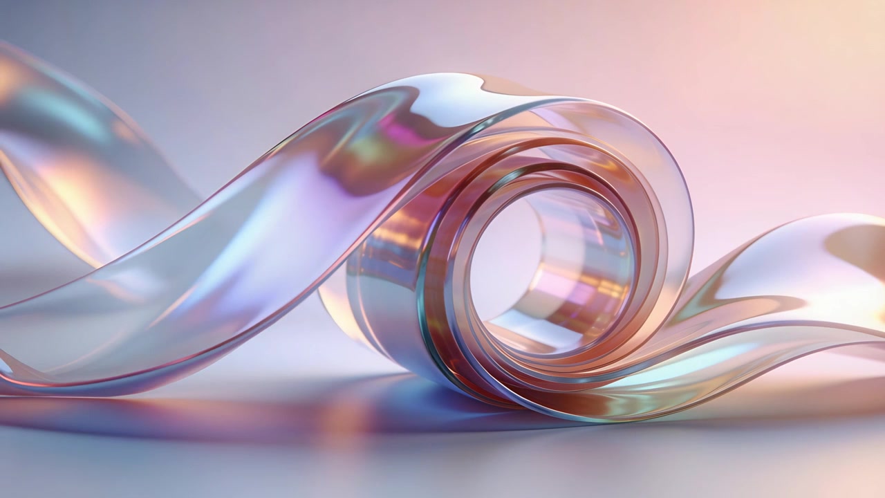 Animating iridescent ribbon with spiral roll unfurling on studio tabletop, forming waves