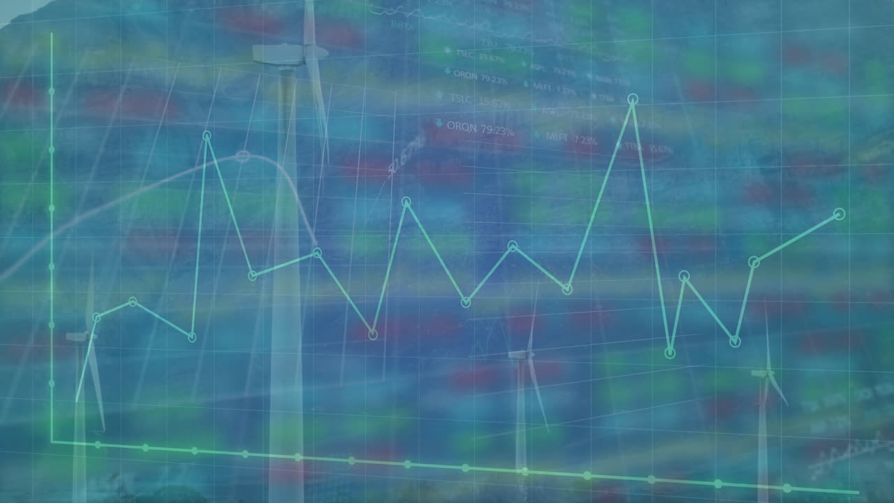 Fluctuating line graph moving across grid, showing transparent wind turbine data in flat design