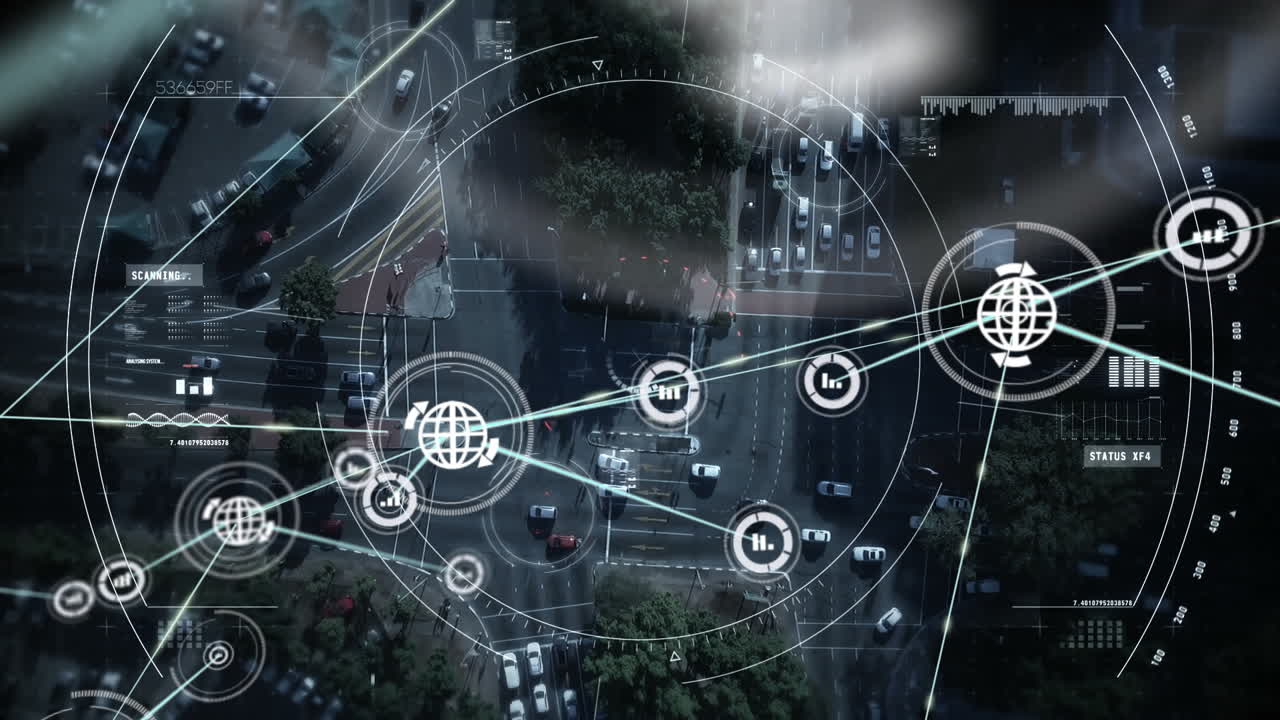 Animazione di una rete di connessioni e una scansione radar su un paesaggio urbano.