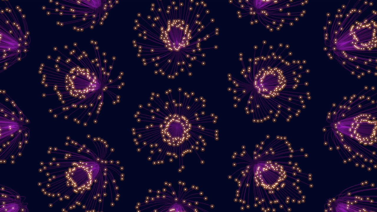 círculos cósmicos flotando puntos púrpuras y azules sobre un fondo negro