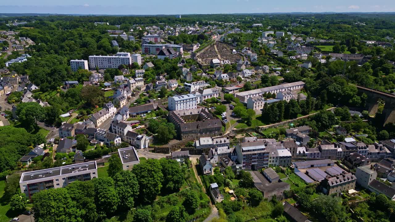 Morlaix city and viaduct, Brittany, France. Aerial drone lateral view