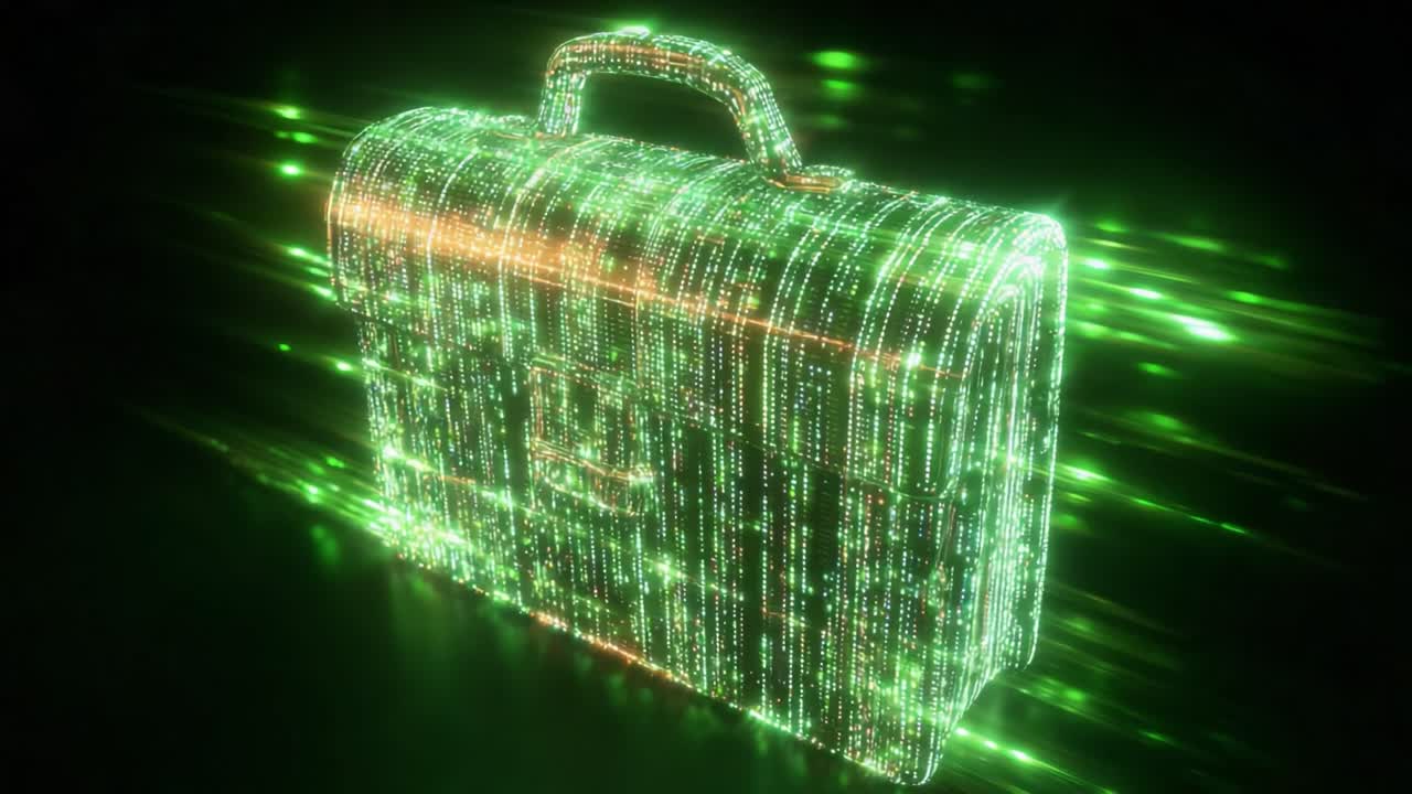 Symbole de porte-documents d’affaires fait de code binaire vertoyant lumineux tournant sur un fond sombre, représentant les concepts d’économie numérique, de fintech, de données d’entreprise et de gestion de portfolio en ligne