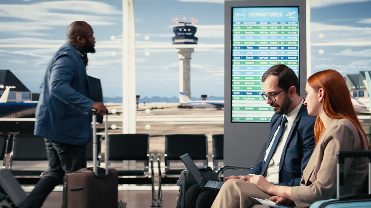 Viaje de negocios, pasajeros con vestimenta formal, sala VIP de la terminal del aeropuerto, salida