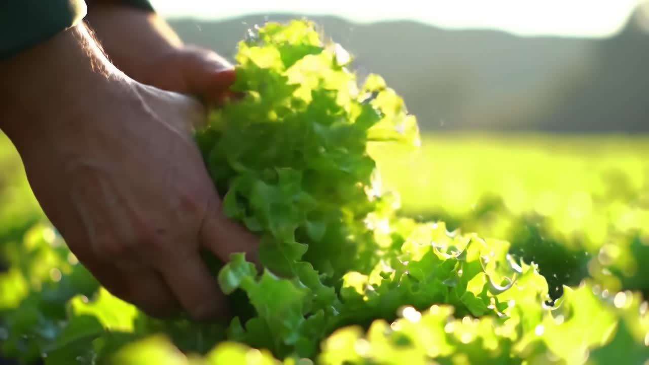 Harvesting Fresh Green Lettuce: A Close-Up Look at the Careful Process of Picking and Preparing Crisp Greens in a Sunlit Field