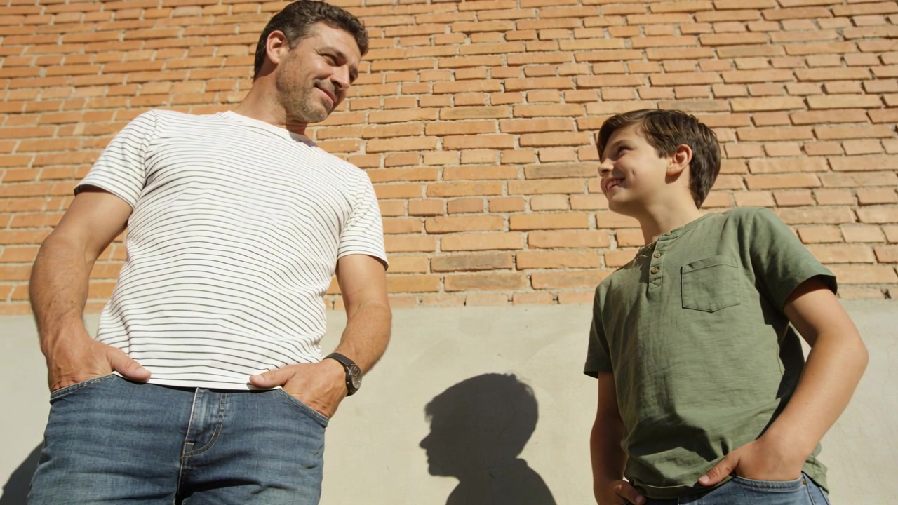 Adulto sorridente, con camicia a righe, che inclina la testa verso un ragazzo che guarda in alto sorridendo a un muro di mattoni, con ombra.