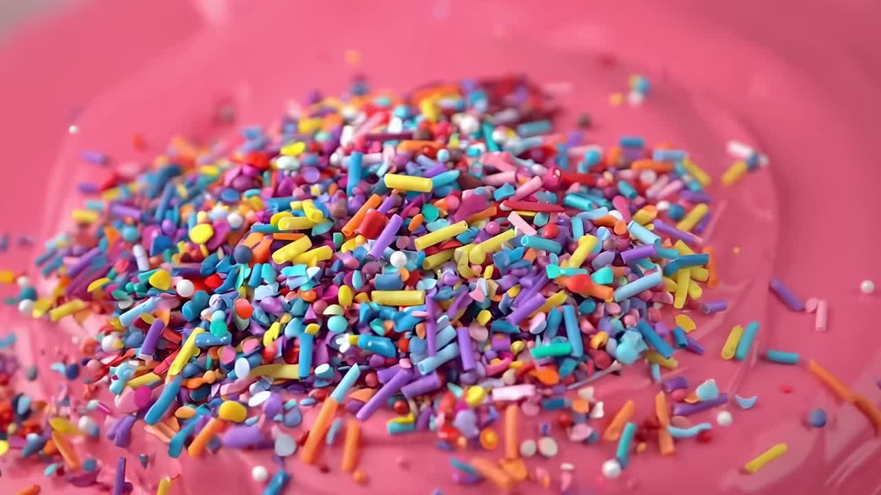 Video ravvicinato di zuccherini colorati che cadono su glassa rosa, ripreso dall'alto.