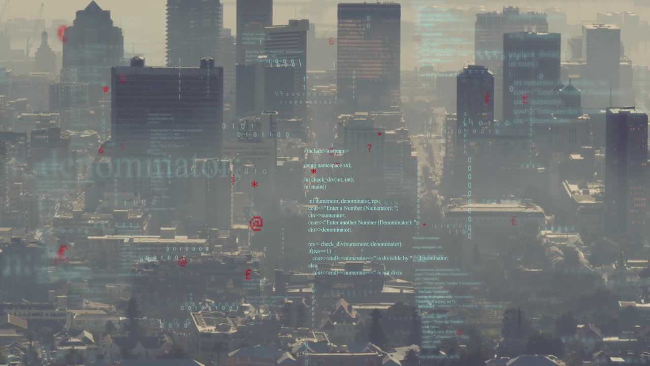 도시 풍경 위의 금융 데이터 처리 애니메이션