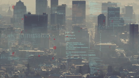 animation of financial data processing over cityscape