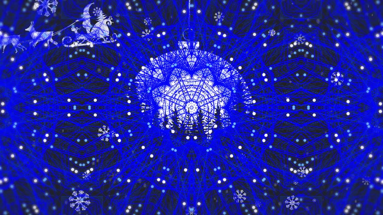 눈이 떨어지고 겨울 풍경 위에 걸려있는 구슬에 대한 칼레이도스코프 패턴