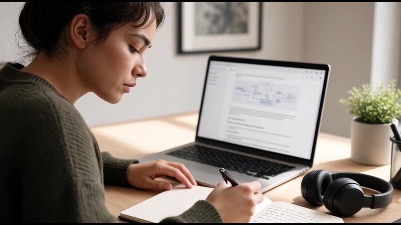 Young Woman Studying and Working on Laptop at Home Desk