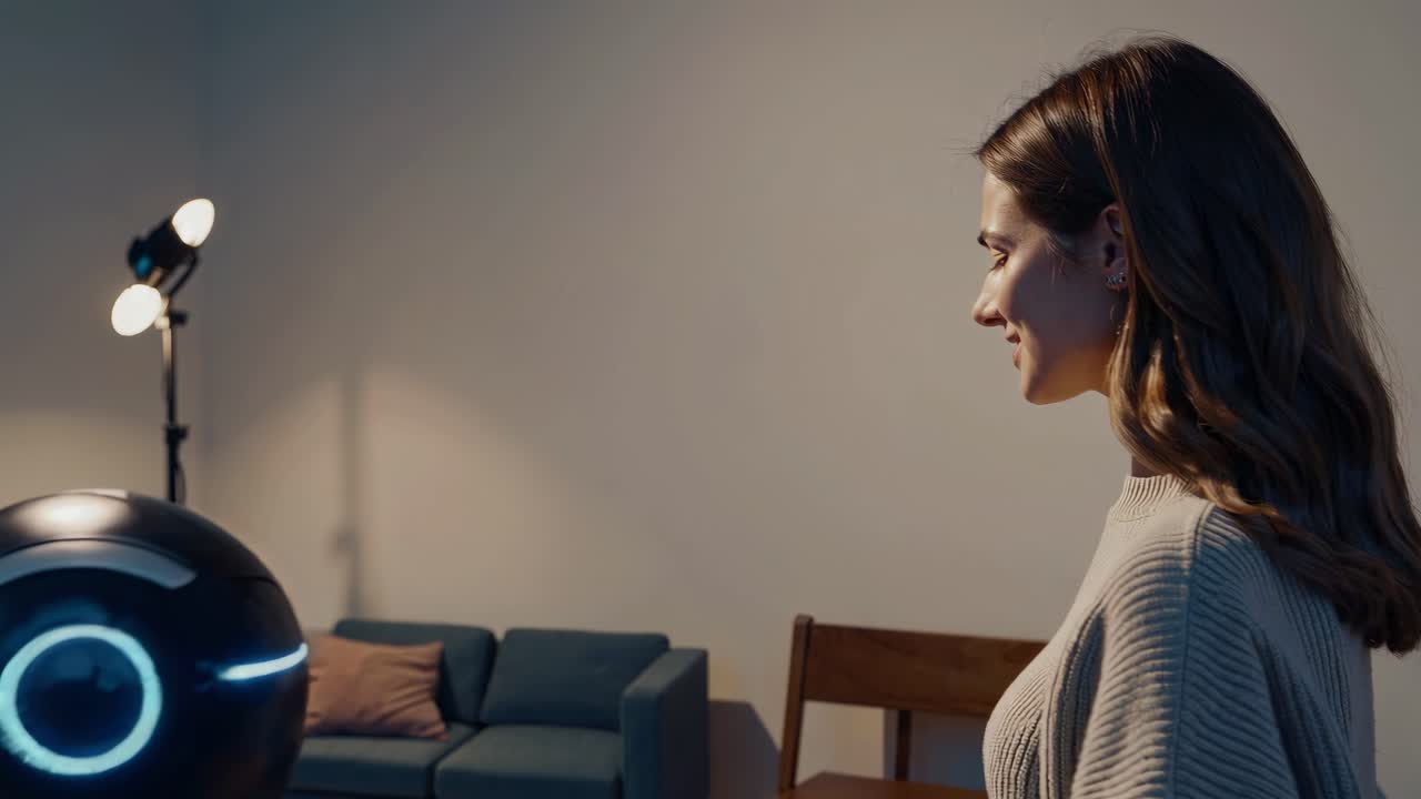 mujer interactuando con un robot doméstico