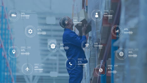 warehouse worker stacking boxes, logistics data processing animation over scene