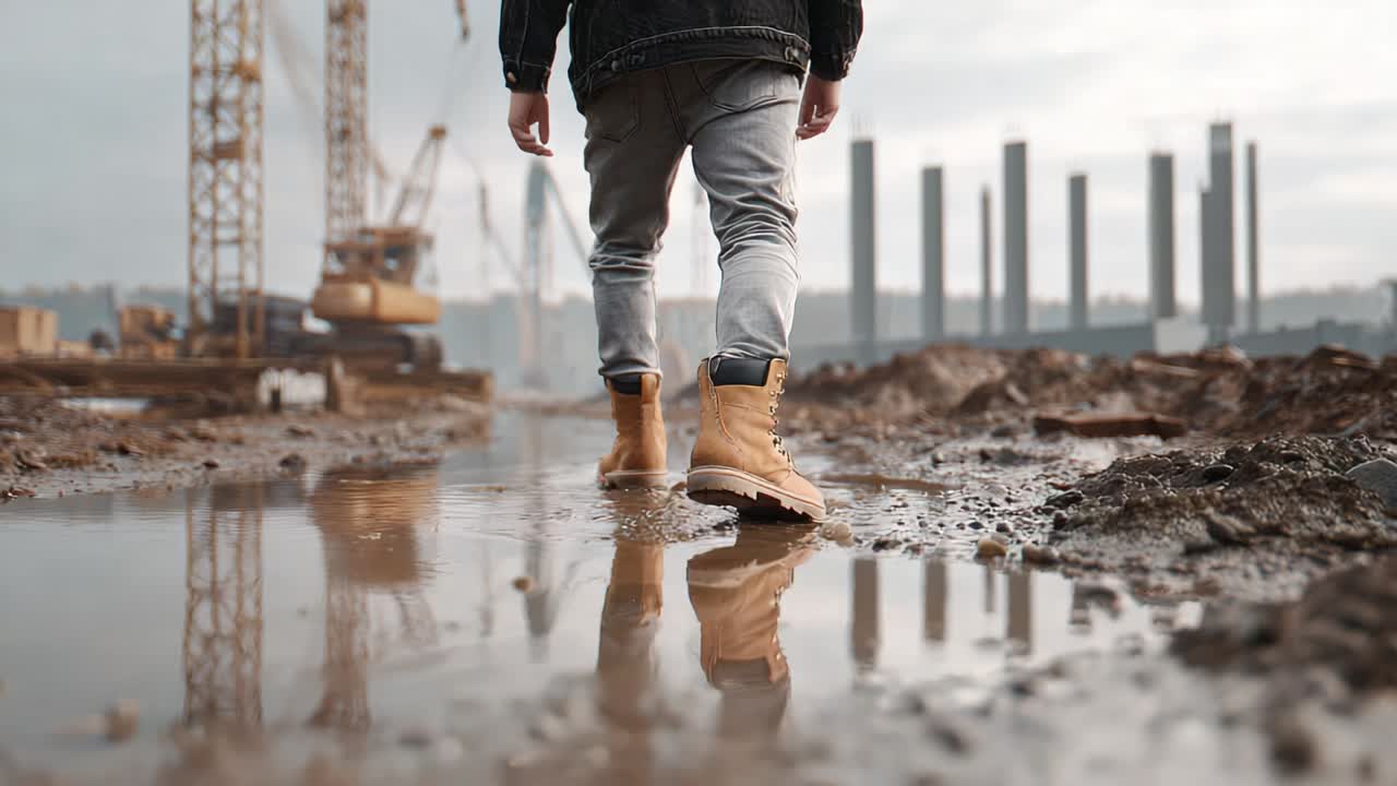 Person Walking Through a Construction Site Puddle