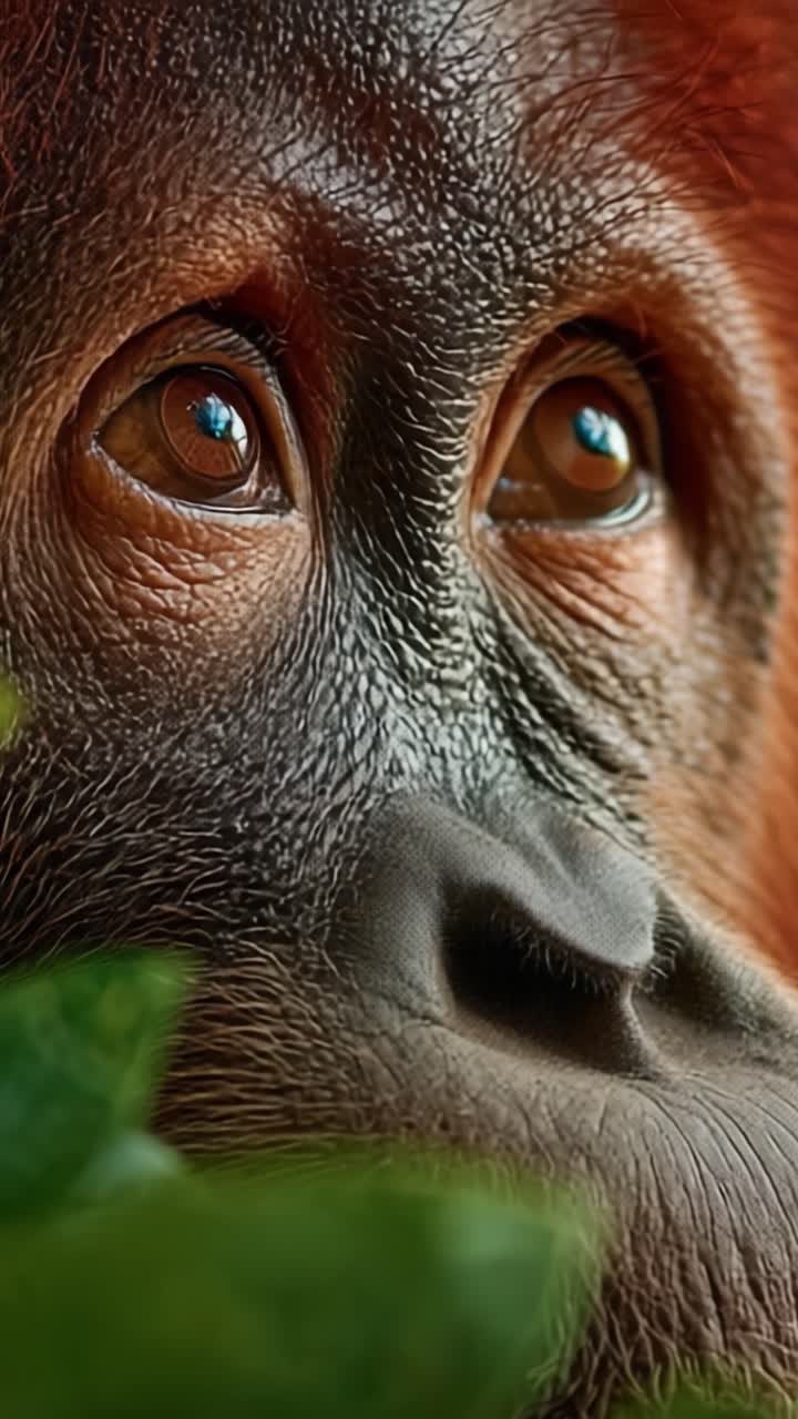 Uno Sguardo Ravvicinato a un Orangutan Introspettivo, che Cattura la Profondità di Emozione e Riflessione nei Suoi Occhi in Mezzo alla Lussureggiante Vegetazione della Natura