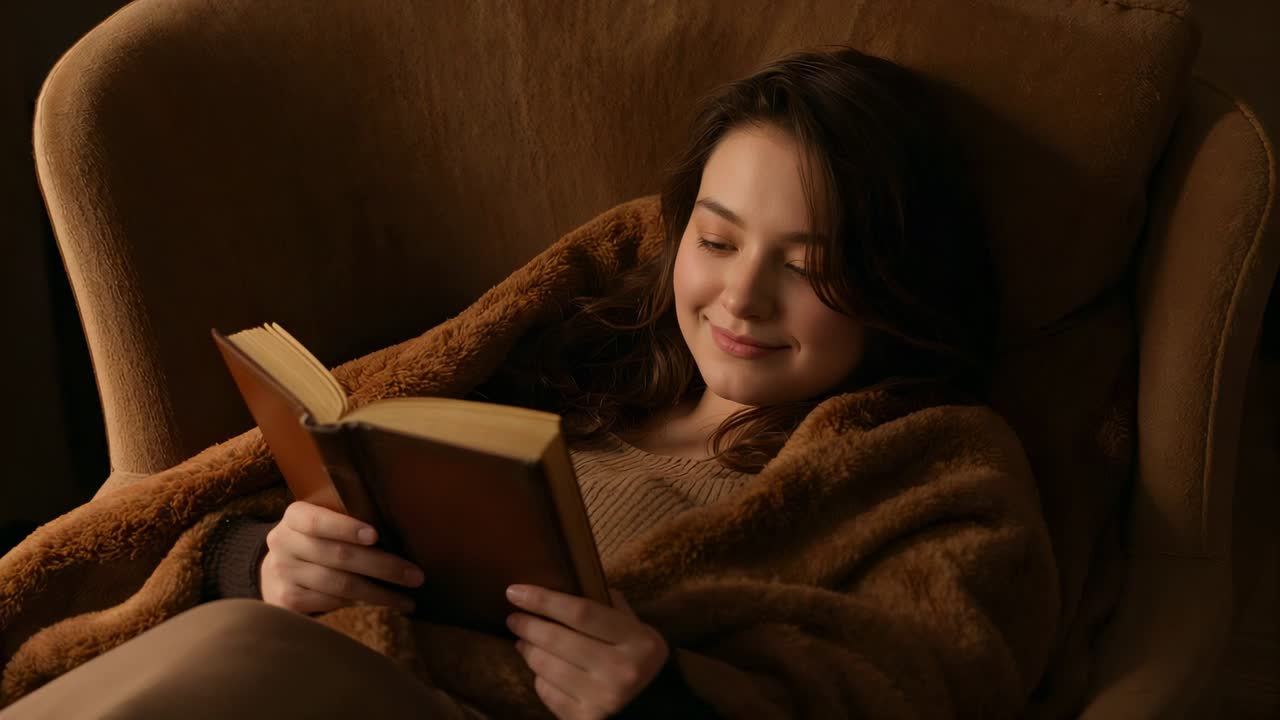 Glancing at book Asian woman in ribbed sweater reading, reacting to passage, looking up in armchair