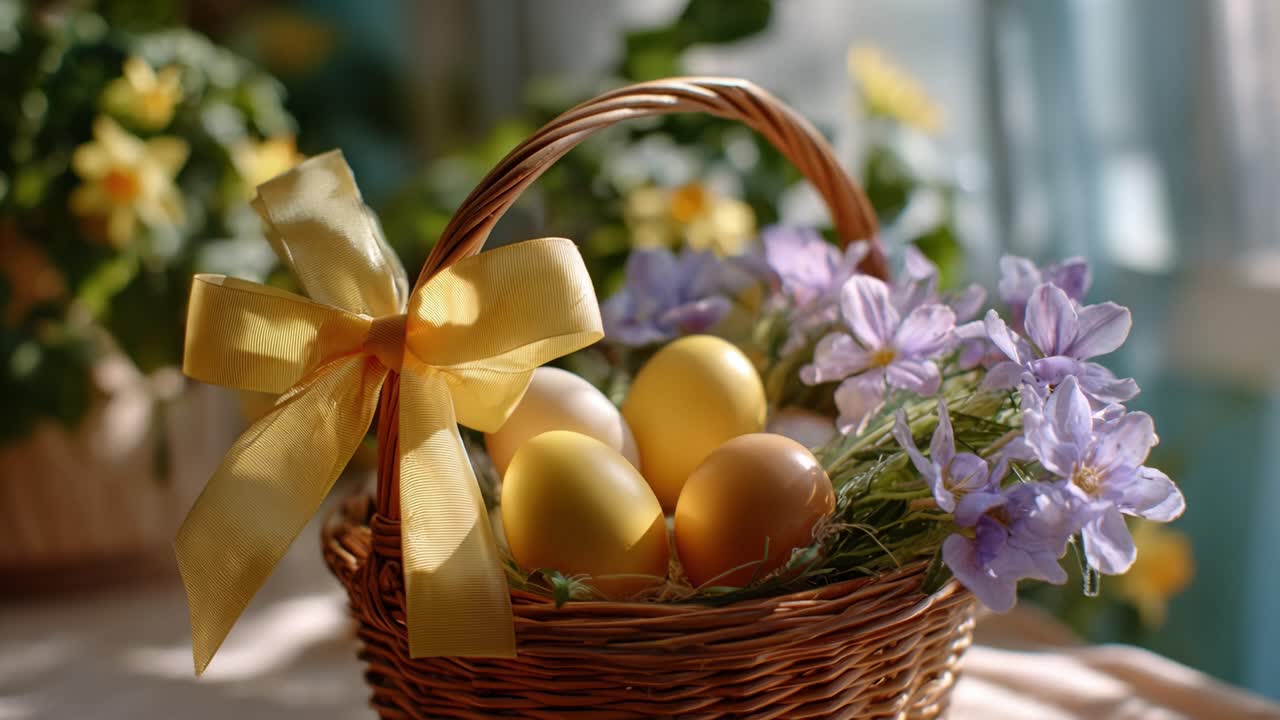 A beautifully arranged Easter basket filled with golden eggs and vibrant flowers, showcasing the joy and celebration of the festive season in a warm, inviting setting