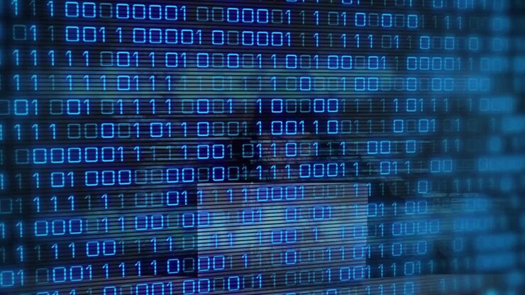 Animation of data processing over caucasian male hacker using laptop