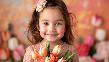 a happy young girl holding a bouquet of tulips