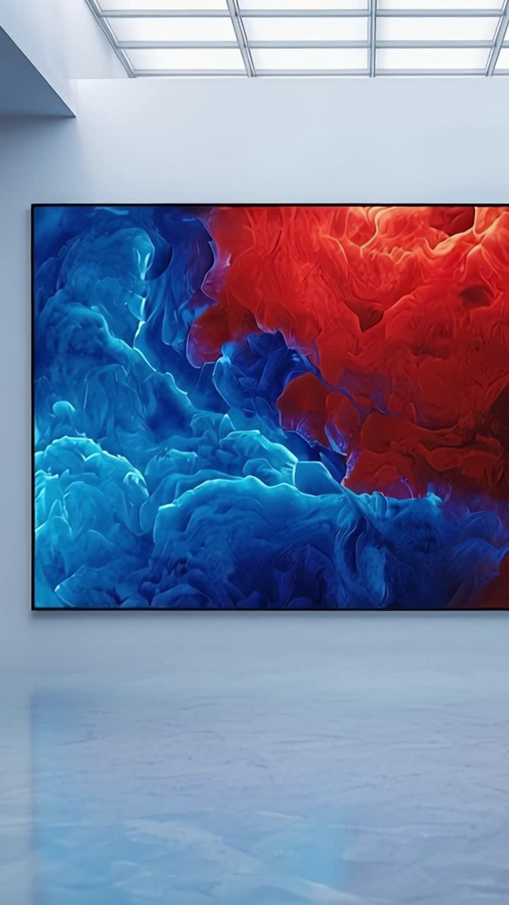 Una splendida opera d'arte astratta che presenta vivaci motivi vorticosi blu e rossi, esposta in una moderna galleria d'arte con illuminazione naturale e pavimento liscio.