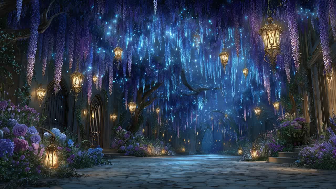 Uma Noite Mágica em um Jardim Encantado com Flores Suspensas e Lanternas com Brilho Suave, Criando um Caminho Onírico Através de Cores Vibrantes e Luzes Cintilantes.