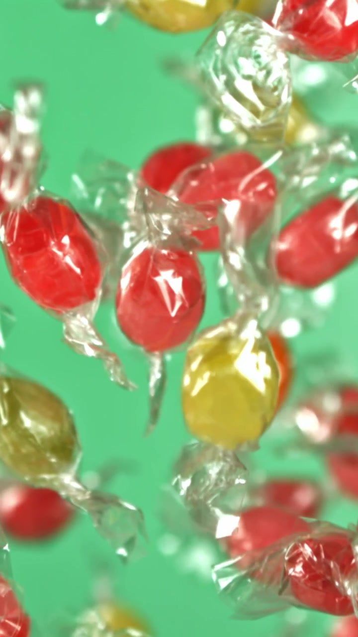 Caramelle colorate incartate che fluttuano verso l'alto su schermo verde al rallentatore