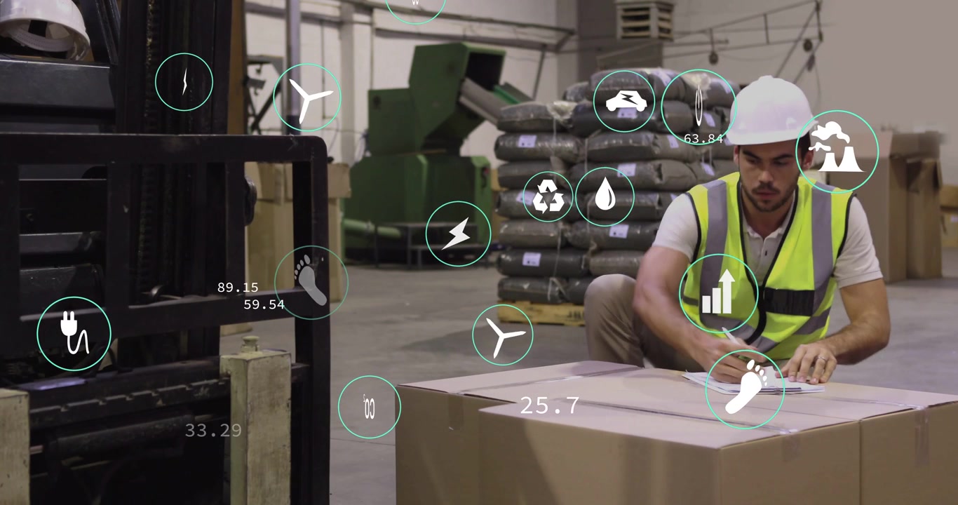 Dock tech kneeling by carton reading forms, checking seal, noting stock, UI icons floating over box