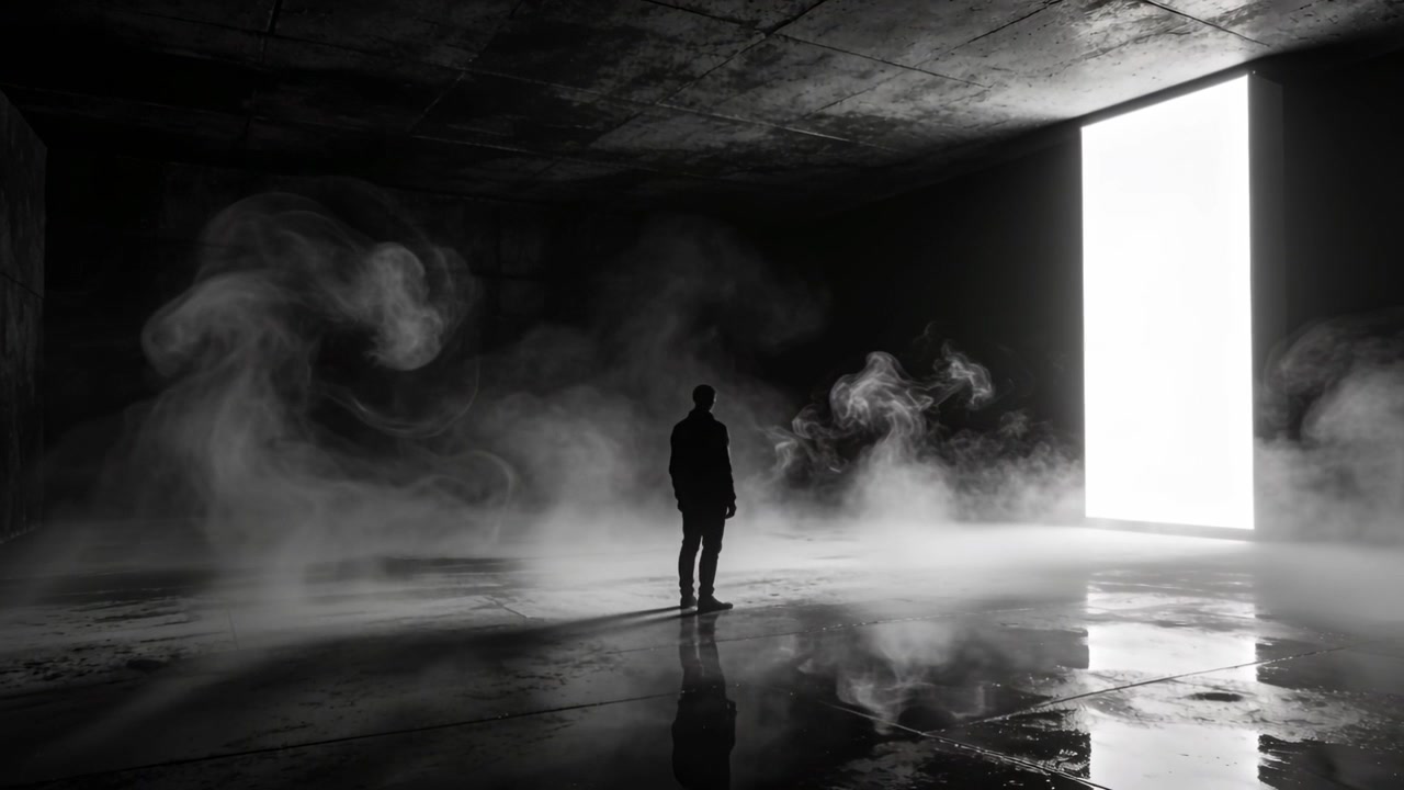 Facing bright doorway, man watching fog swirl across wet concrete floor in dark jacket