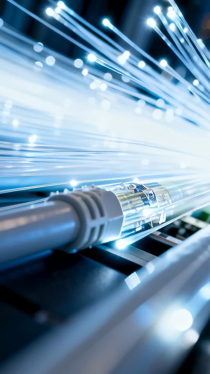 Vertikal video: Fiberforbindelse og kabelbundt udsender blå striber i et rack med datasignal.