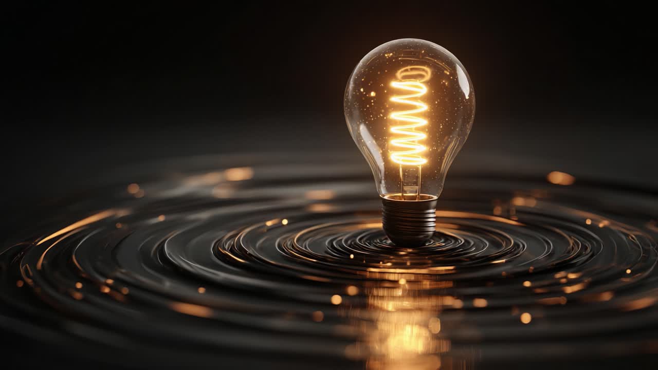 Vintage light bulb with a glowing filament standing in a rippling dark liquid before turning off, symbolizing the end of an idea, creativity, or the depletion of energy resources