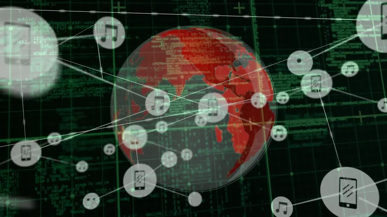 전 세계와 그리드에 대한 아이콘으로 연결 네트워크의 애니메이션