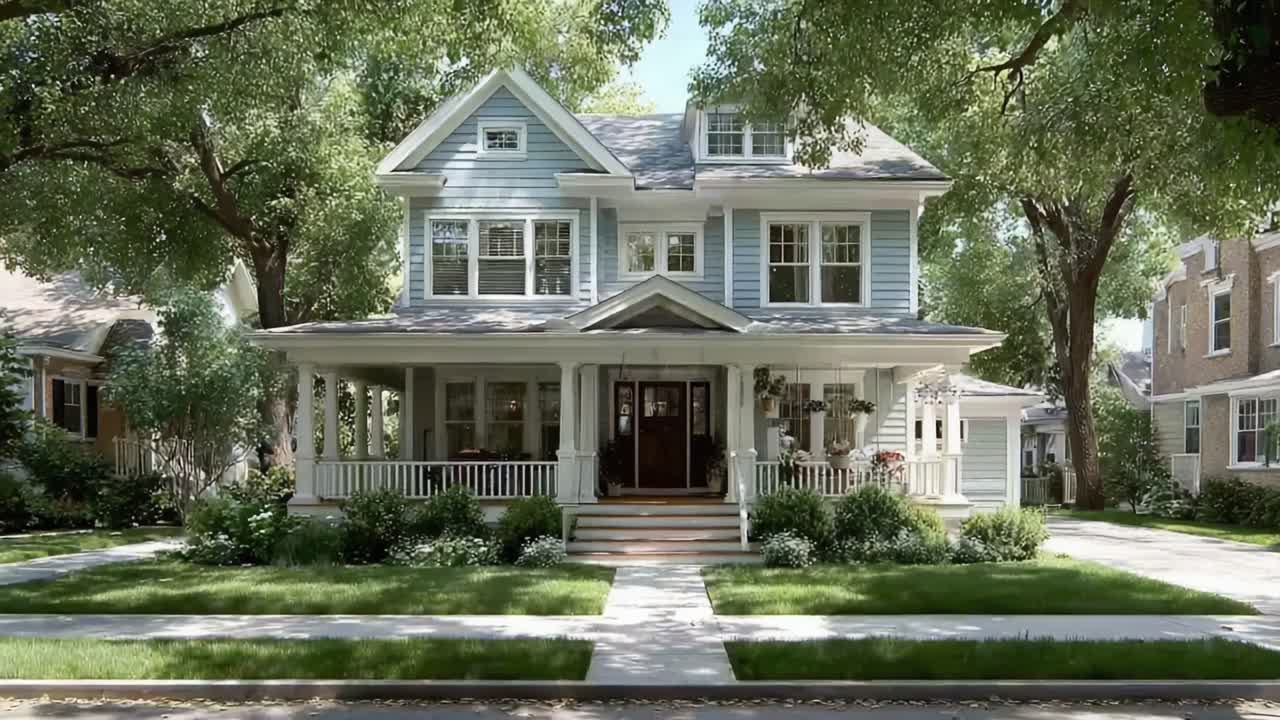 A Captivating View of a Charming Two-Story House Surrounded by Lush Greenery and Inviting Porch, Perfectly Located in a Tranquil Neighborhood