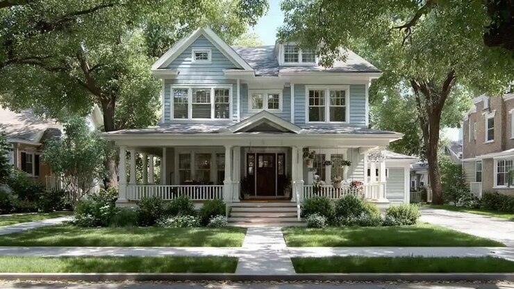 A Captivating View of a Charming Two-Story House Surrounded by Lush Greenery and Inviting Porch, Perfectly Located in a Tranquil Neighborhood