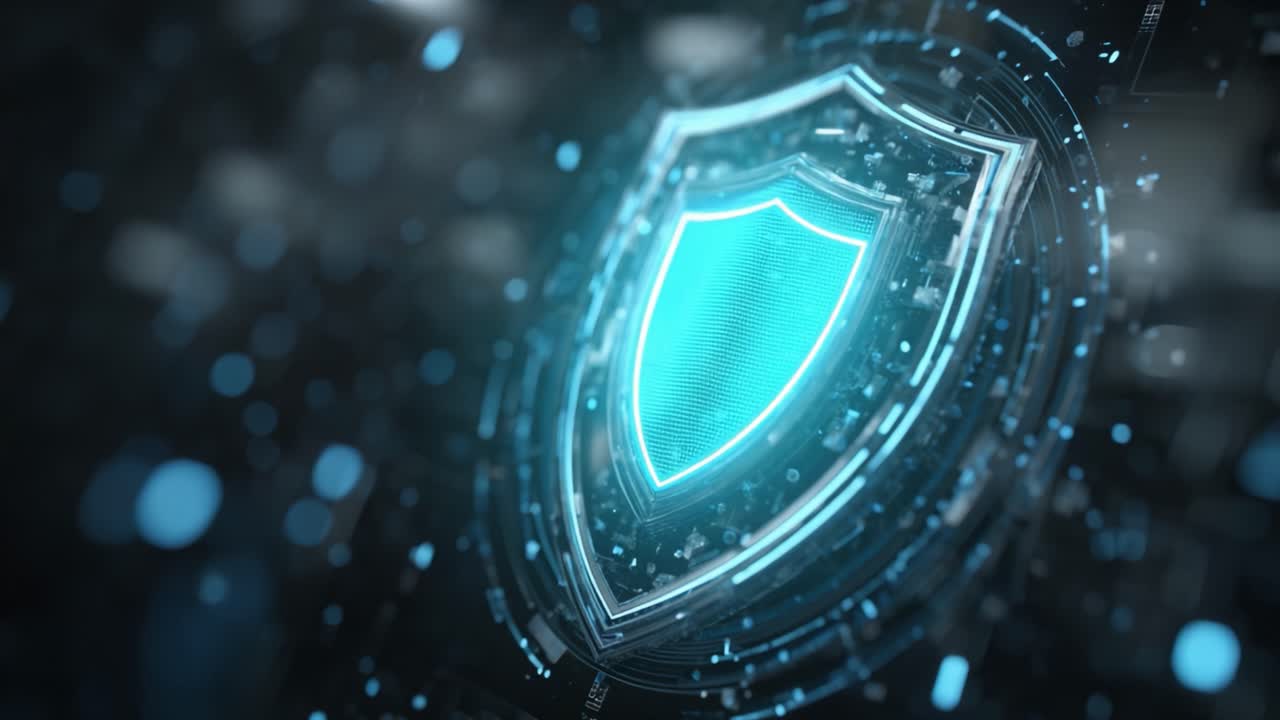 An Intricate Digital Shield Representing Cybersecurity Measures with High-Tech Visuals and Advanced Protection Features Against Online Threats