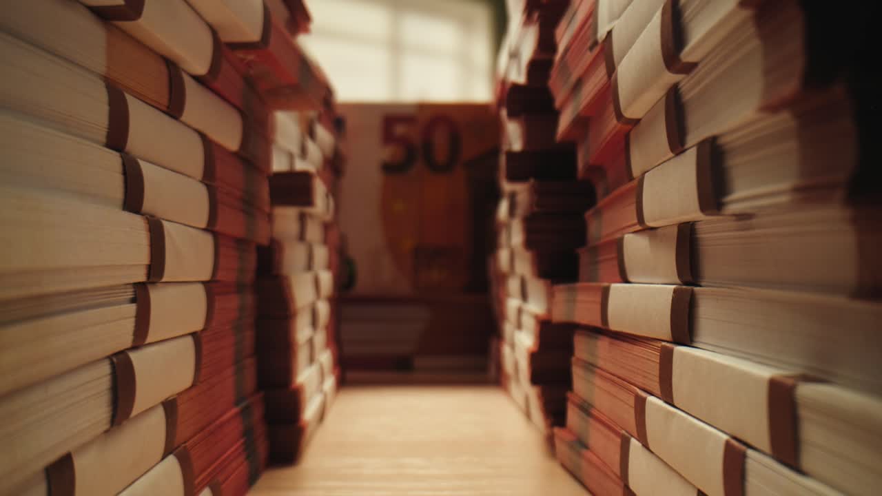 Stacks of cash dollars and euro, Banknotes counting, Specialised police officer Counting dollar euro banknotes in crime lab with machine, cashed out money, bitcoin changing, buying home flat in bank.