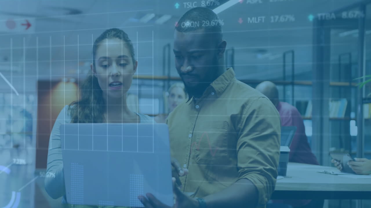 Animation of financial data processing over diverse business people using laptop
