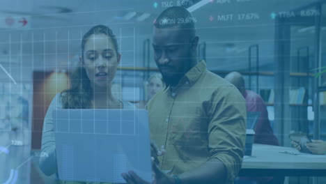 animation of financial data processing over diverse business people using laptop