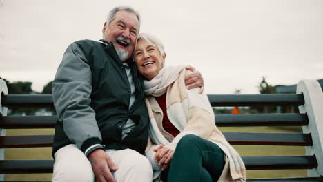 hug, bench and senior couple on bench at park