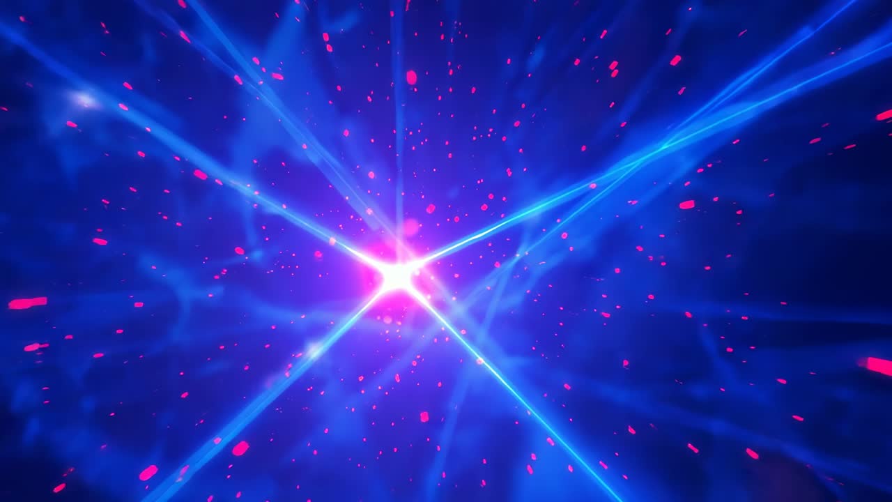 Emerging azure orb radiating beams in digital field, with drifting magenta particles pulsing glow