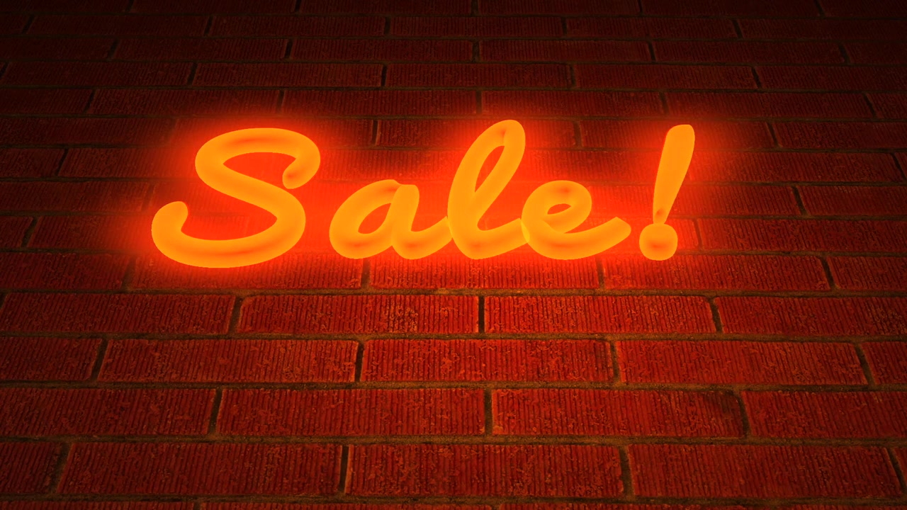 Motion graphic: Insegna al neon "Saldi!" tremolante su muro di mattoni