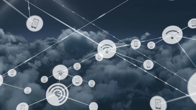 Digital Network Connection Icons Overlaid on Moving Clouds