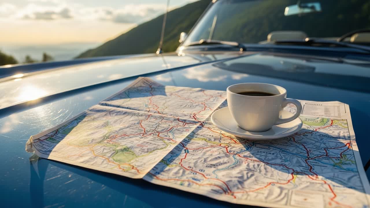 A Serene Morning Escape: Enjoying Coffee with Scenic Views and a Map on the Hood of a Classic Car During a Road Trip Adventure
