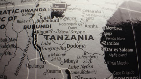 close-up of a map showing tanzania and surrounding east african countries