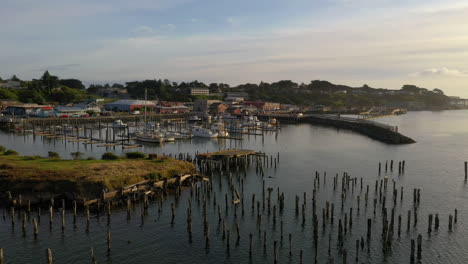 wooden pier pilings with calm scenery during sunset and mooring boats in port of bandon, oregon